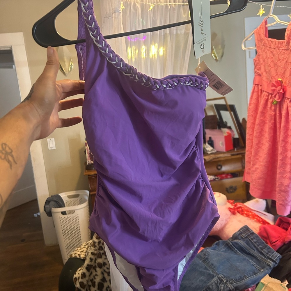 Gottex Purple One-Shoulder Swimsuit with Braided Accent